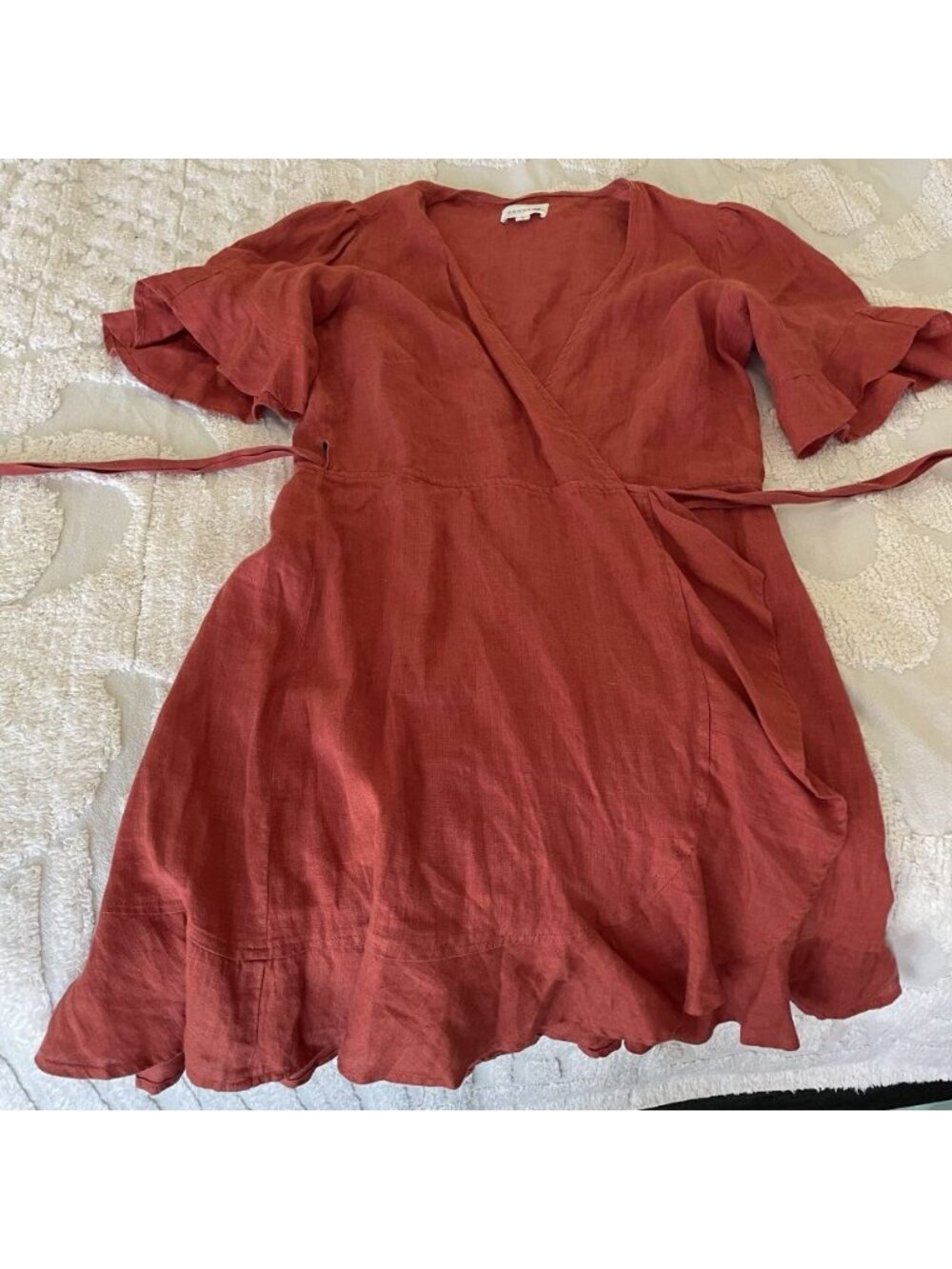 Honorine Edie Linen Ruffle Wrap Mini Dress Terracotta European Summer Boho Chic - Picture 6 of 13